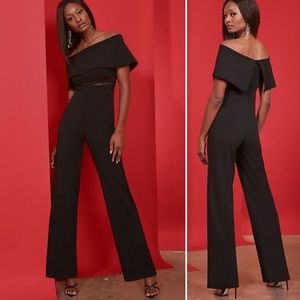 Black Off-The-Shoulder Mesh-Inset Jumpsuit